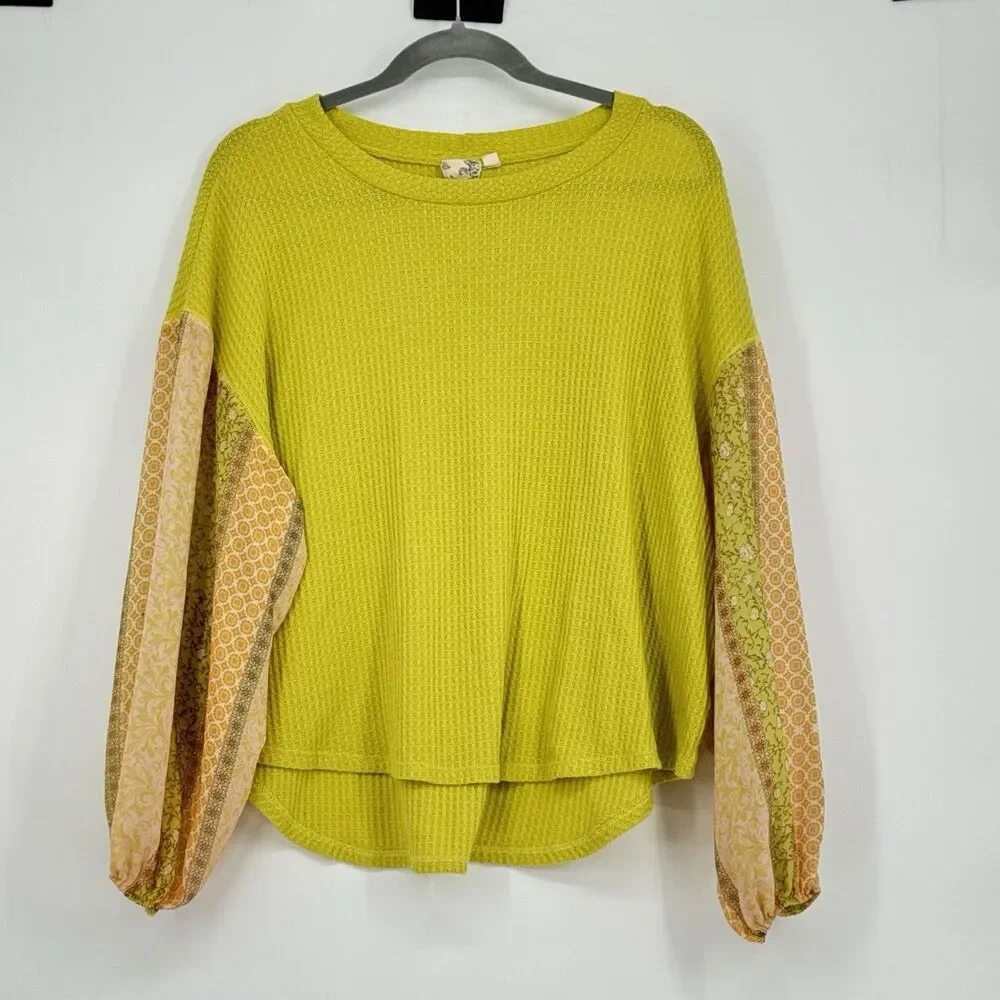 Blu Pepper Yellow Embroidered Blouse Long Sleeve Size Large - Picture 1 of 8